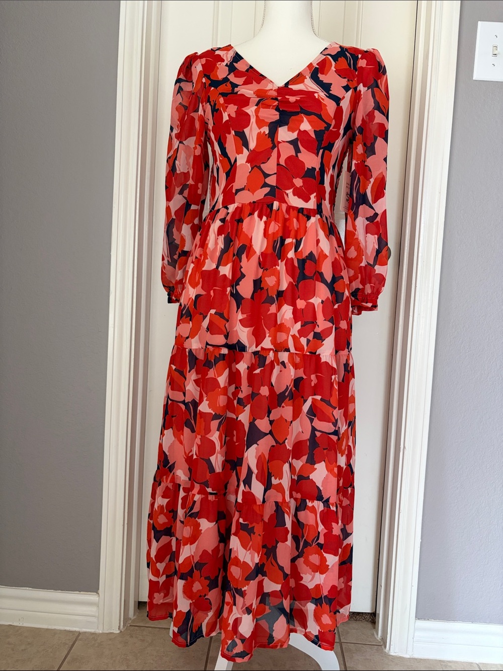 Sincerely Jules Red & Pink Floral Long Sleeve Tiered Maxi Dress